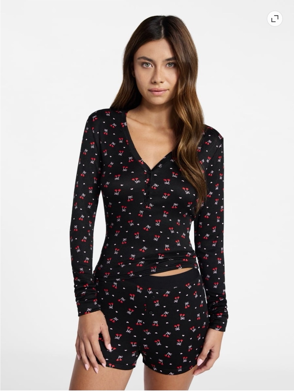 No Boundaries Black Long-Sleeve Henley Pajama Top with Red Cherry Print